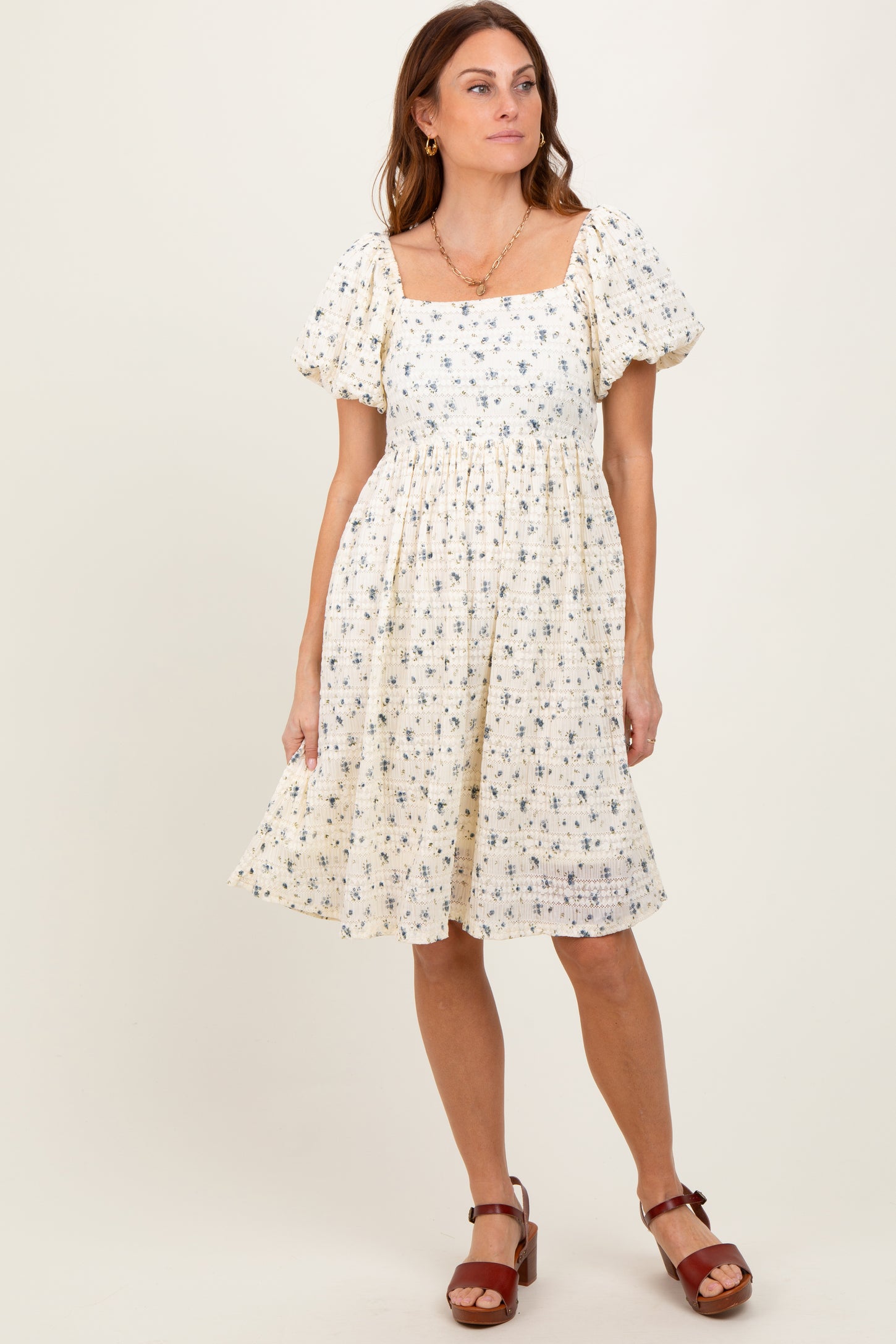 Cream Textured Knit Square Neck Midi Dress