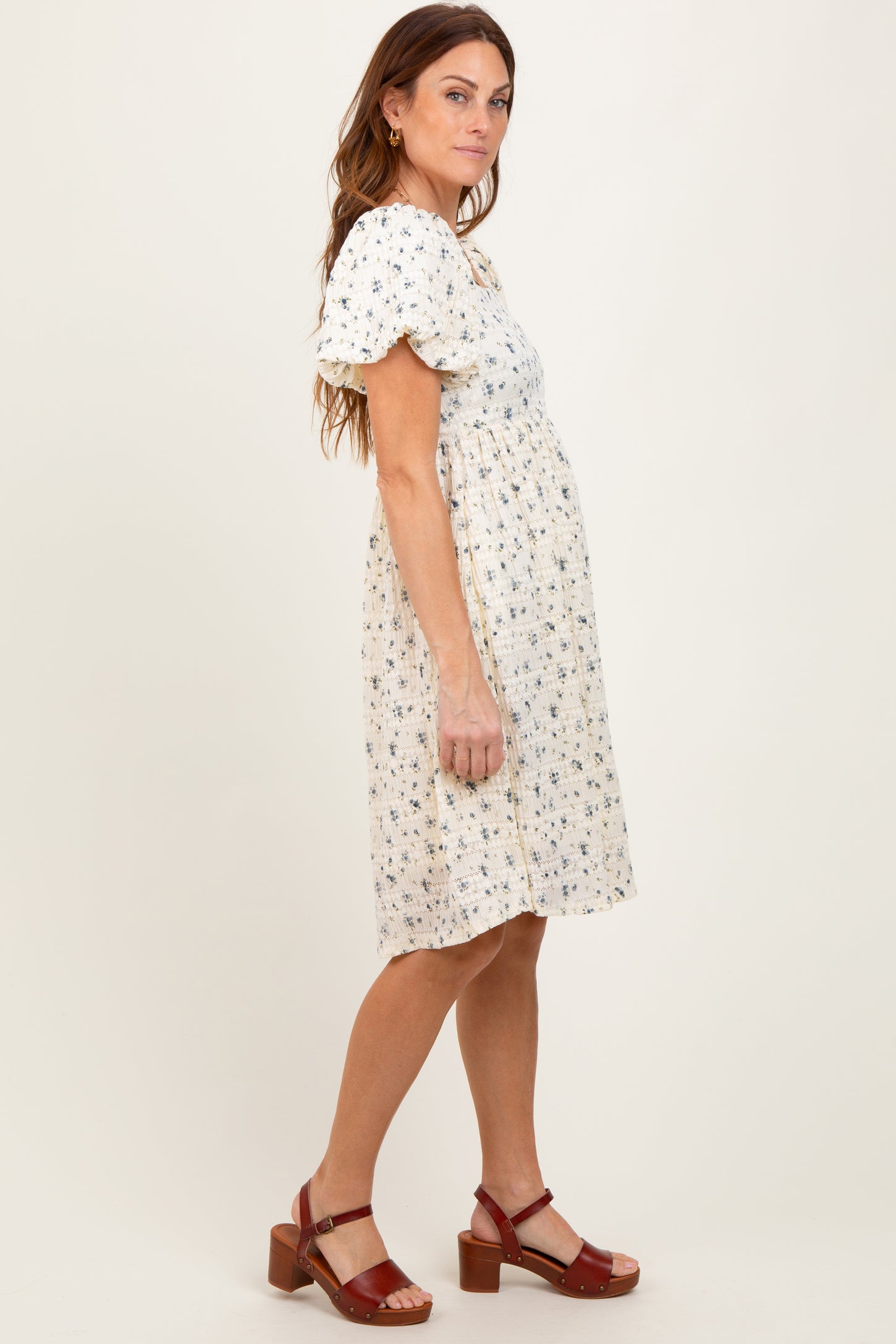 Cream Textured Knit Square Neck Midi Dress