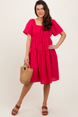 Fuchsia Gingham Short Sleeve Tiered Dress