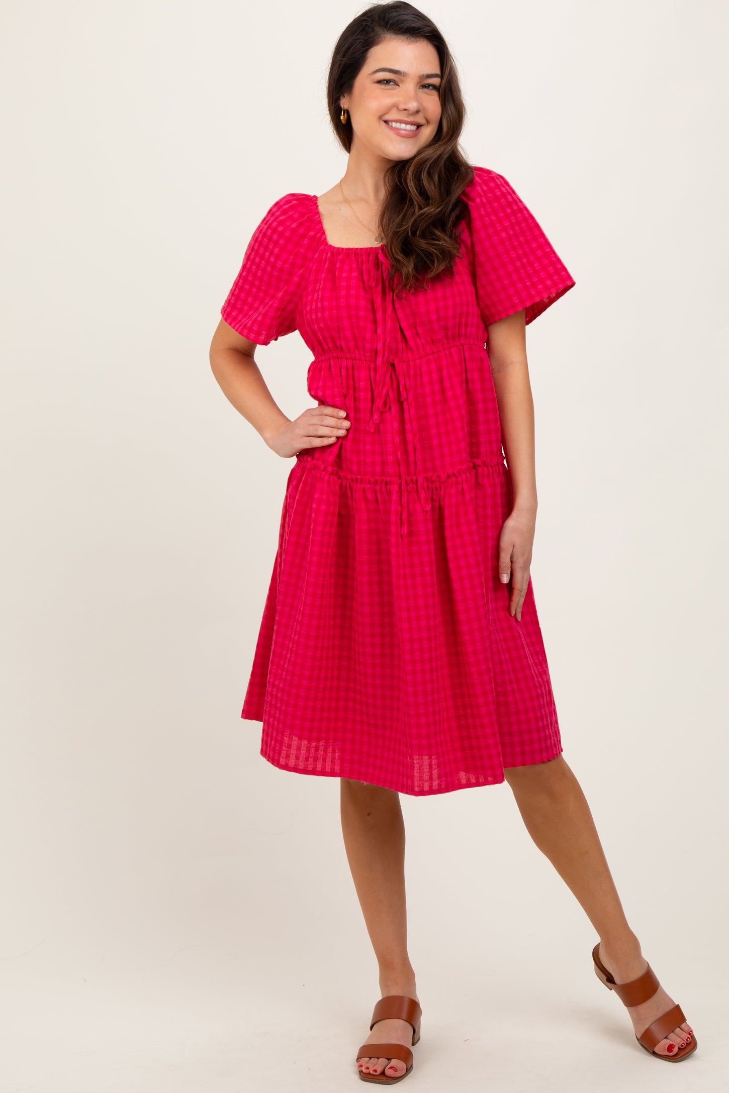 Fuchsia Gingham Short Sleeve Tiered Dress