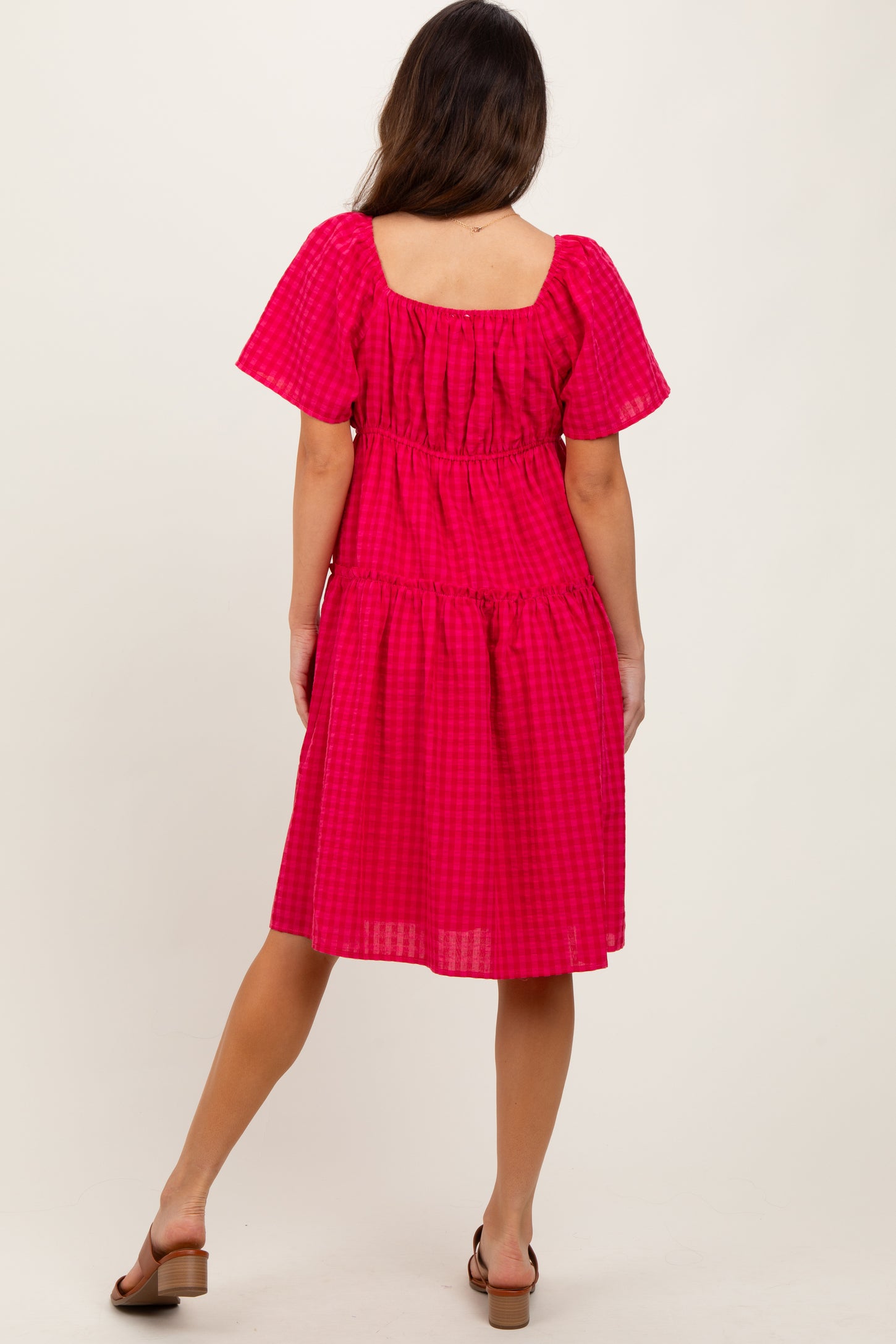 Fuchsia Gingham Short Sleeve Tiered Dress