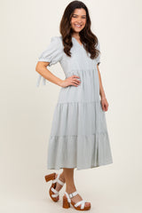 Light Blue Split V-Neck Sleeve Tie Tiered Midi Dress