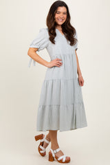 Light Blue Split V-Neck Sleeve Tie Tiered Midi Dress