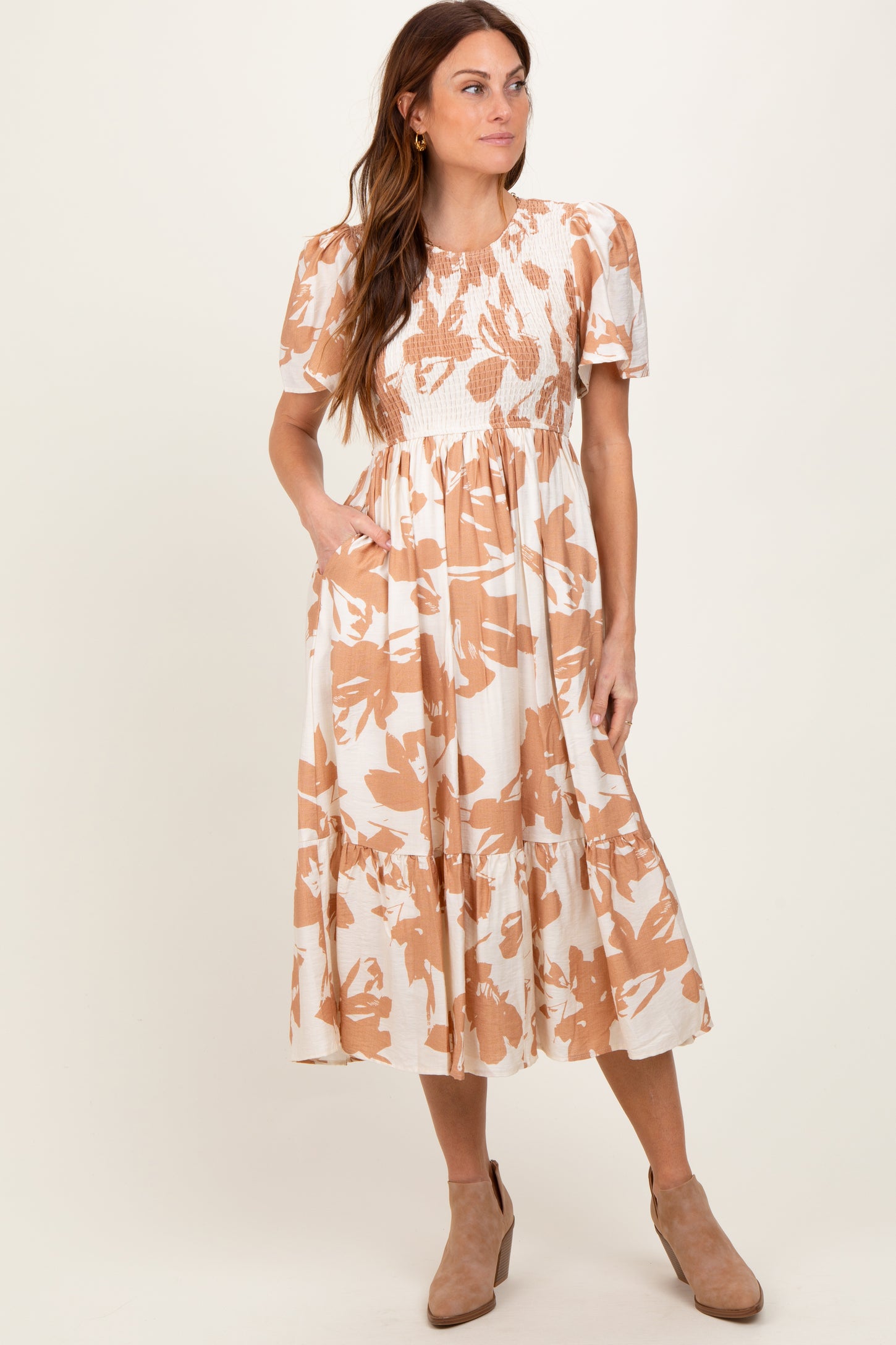Cream Floral Smocked Short Sleeve Midi Dress