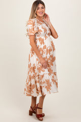 Cream Floral Smocked Short Sleeve Maternity Midi Dress