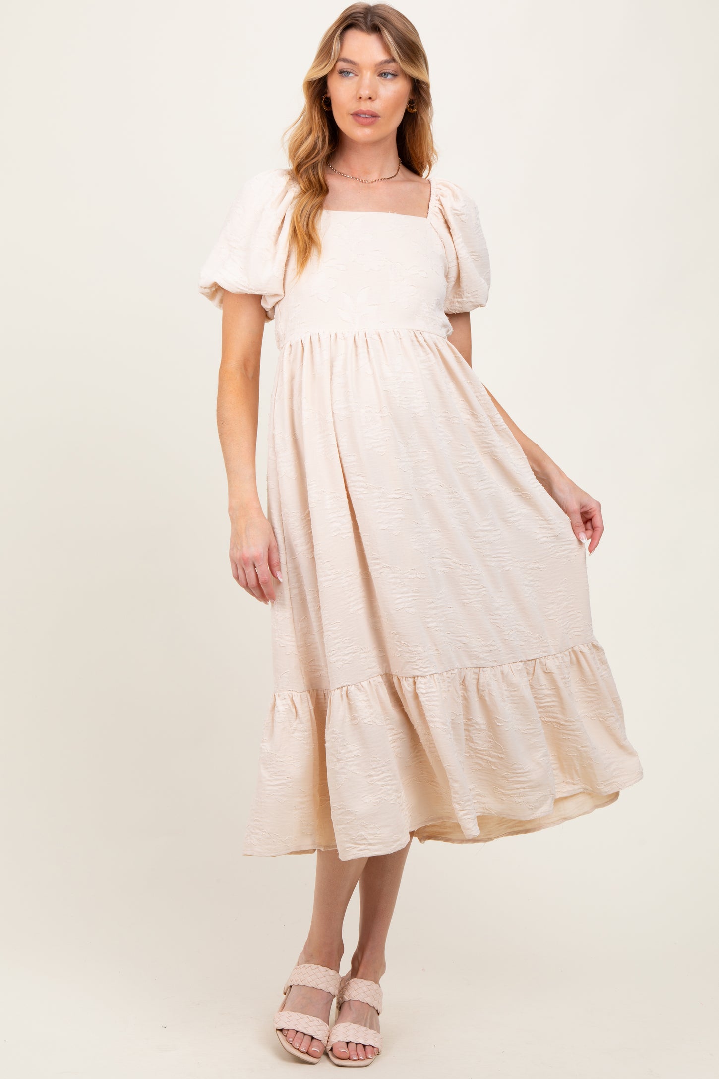 Cream Textured Square Neck Puff Sleeve Maternity Midi Dress