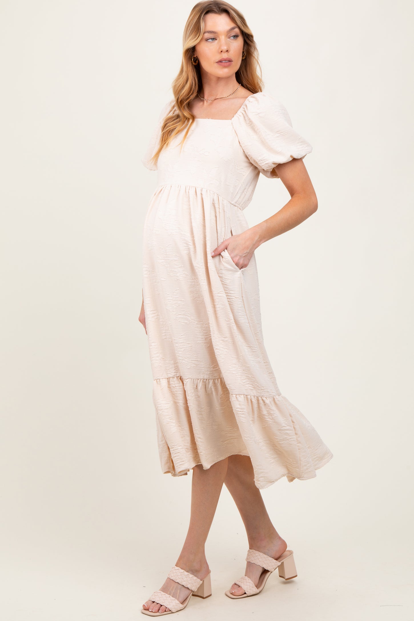 Cream Textured Square Neck Puff Sleeve Maternity Midi Dress