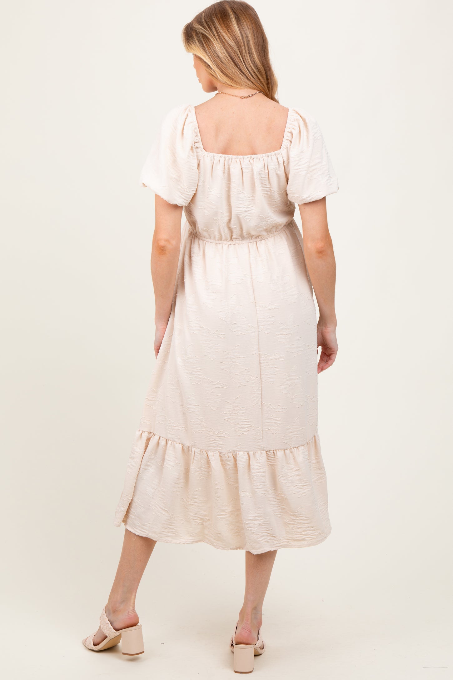 Cream Textured Square Neck Puff Sleeve Maternity Midi Dress