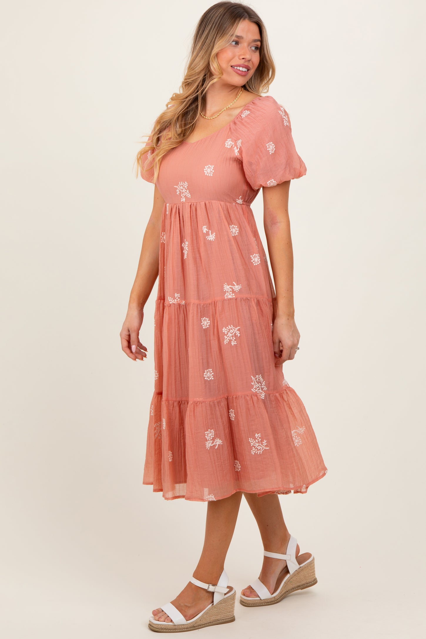 Light Pink Floral Embroidered Tiered Midi Dress