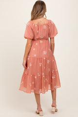 Light Pink Floral Embroidered Tiered Maternity Midi Dress