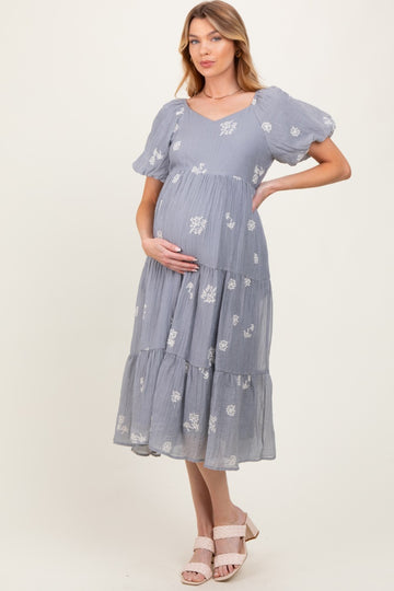 Light Blue Floral Embroidered Tiered Maternity Midi Dress