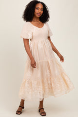 Beige Floral Embroidered Chiffon Midi Dress