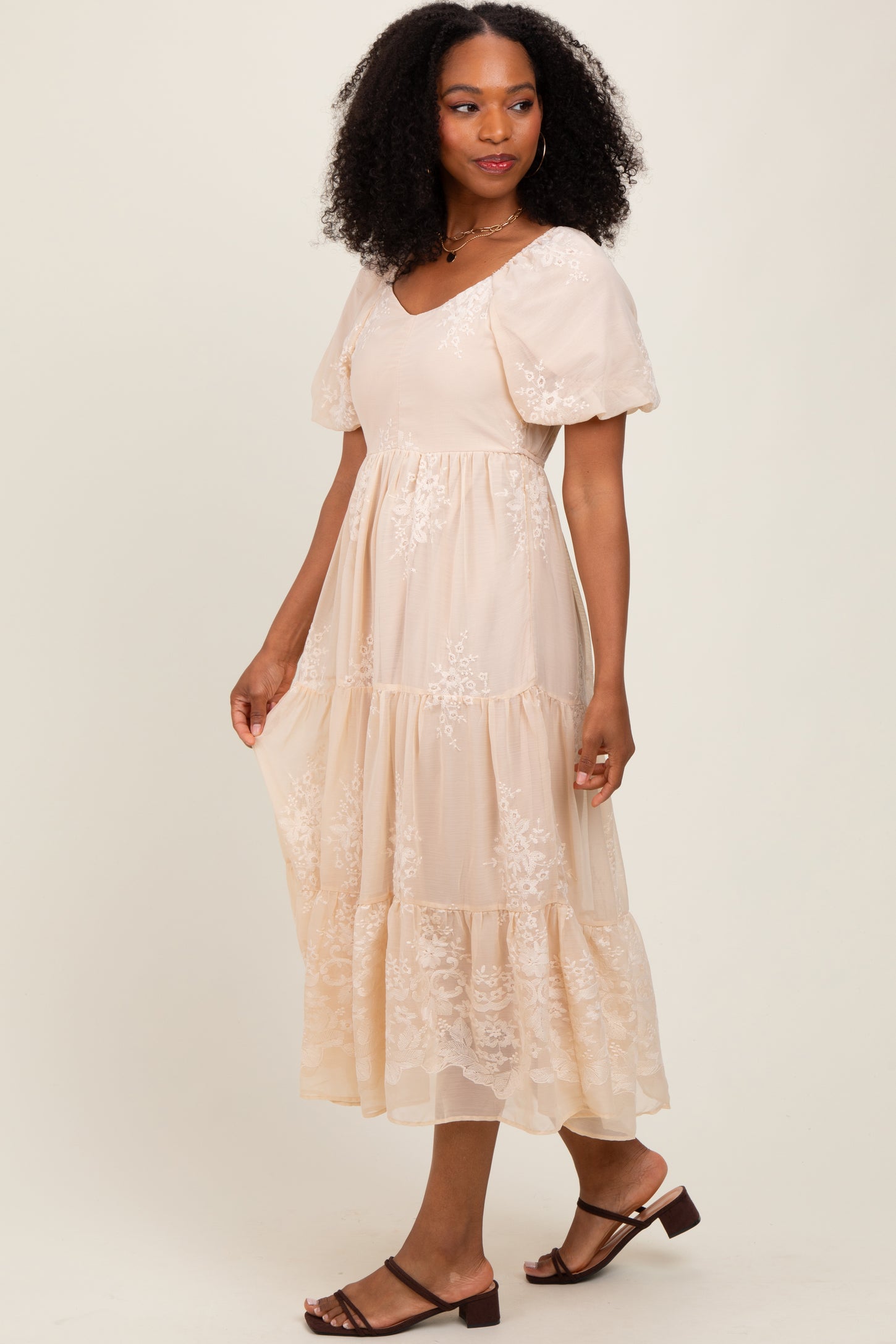 Beige Floral Embroidered Chiffon Midi Dress