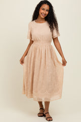 Beige Floral Embroidered Midi Dress