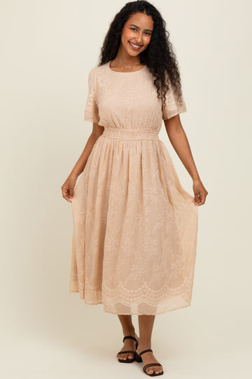 Beige Floral Embroidered Midi Dress