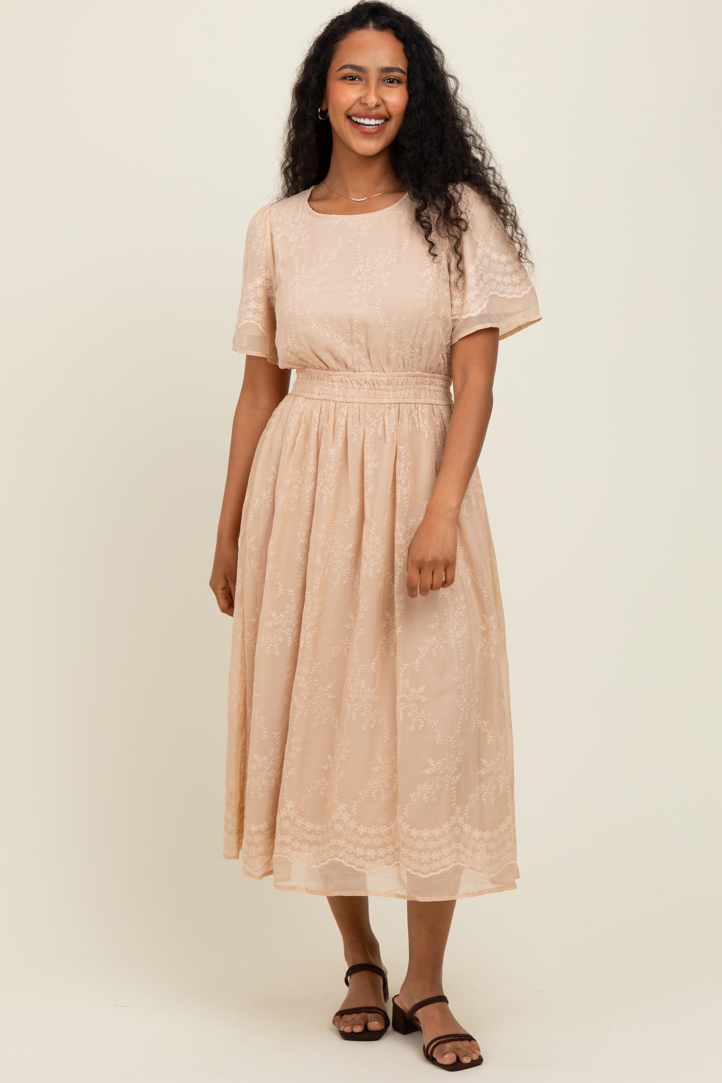 Beige Floral Embroidered Midi Dress