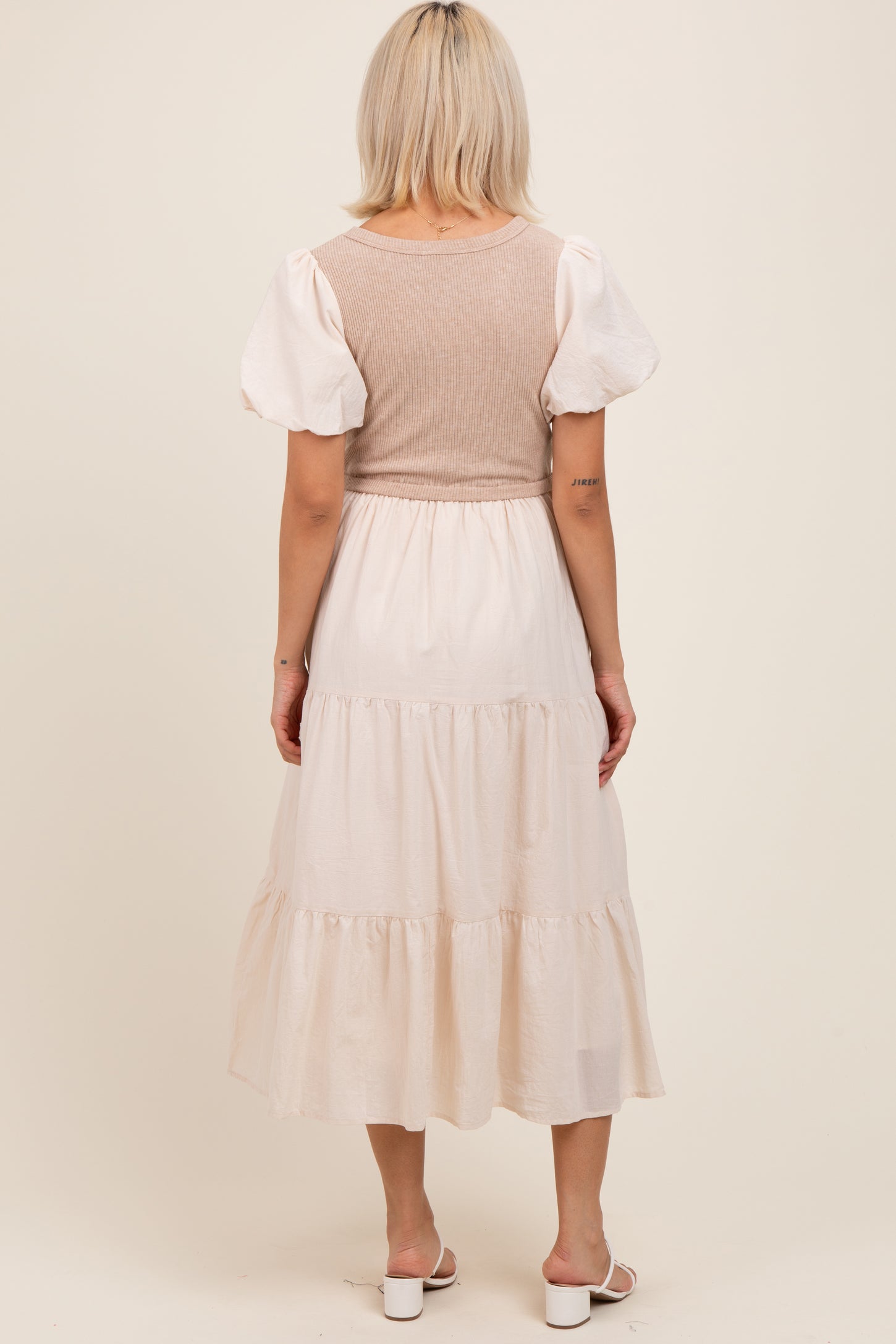 Cream Knit Mixed Tiered Maternity Midi Dress