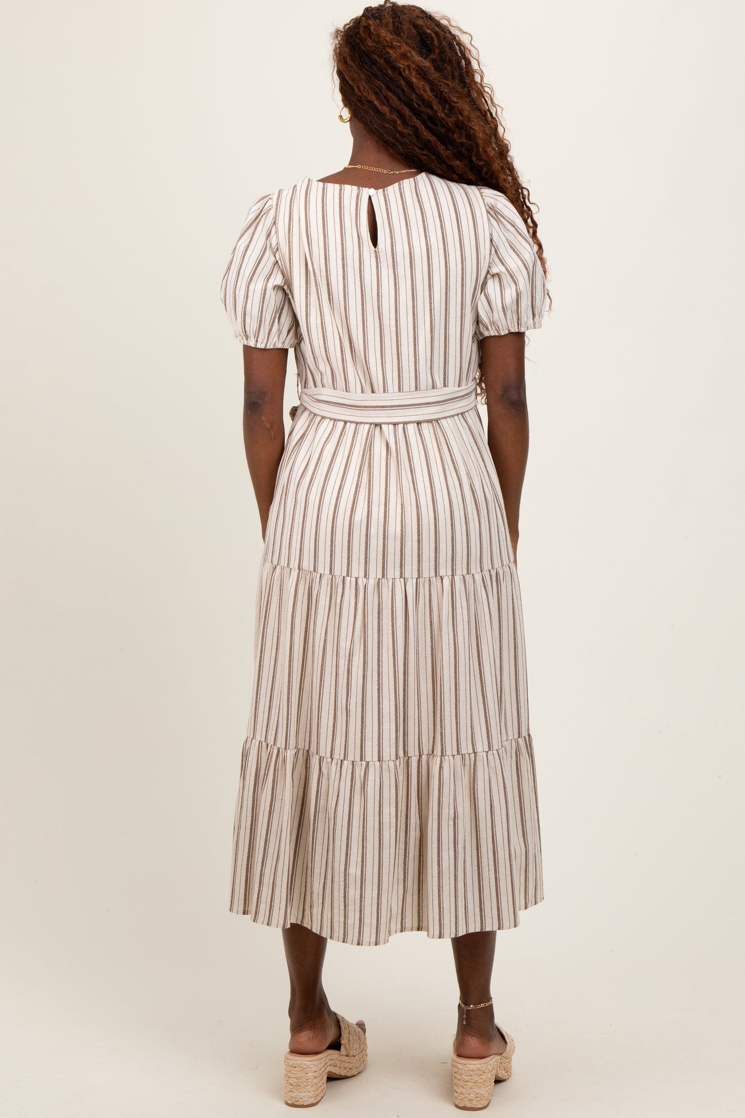 Ivory Stripe Tiered Tied Waist Midi Dress
