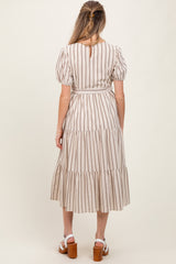 Ivory Stripe Tiered Tied Waist Maternity Midi Dress