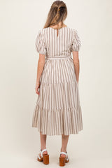 Ivory Stripe Tiered Tied Waist Maternity Midi Dress