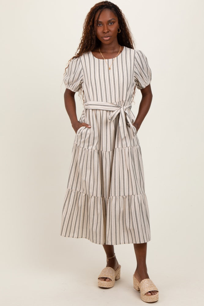 Olive Stripe Tiered Tied Waist Maternity Midi Dress