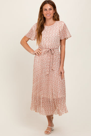 Cream Pink Print Pleated Midi Dress