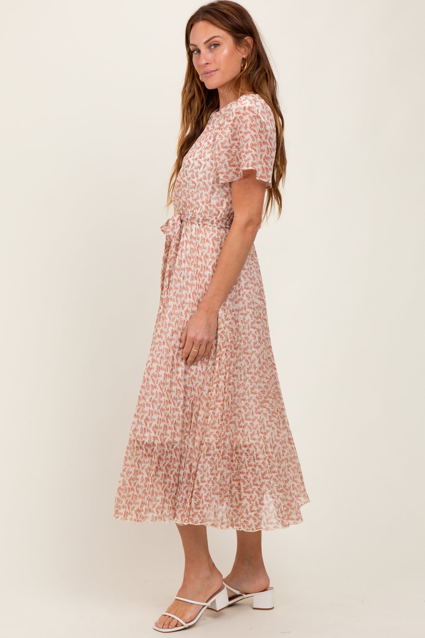 Cream Pink Print Pleated Midi Dress