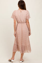 Cream Pink Print Pleated Midi Dress