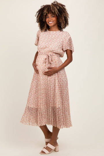Cream Print Pleated Maternity Midi Dress