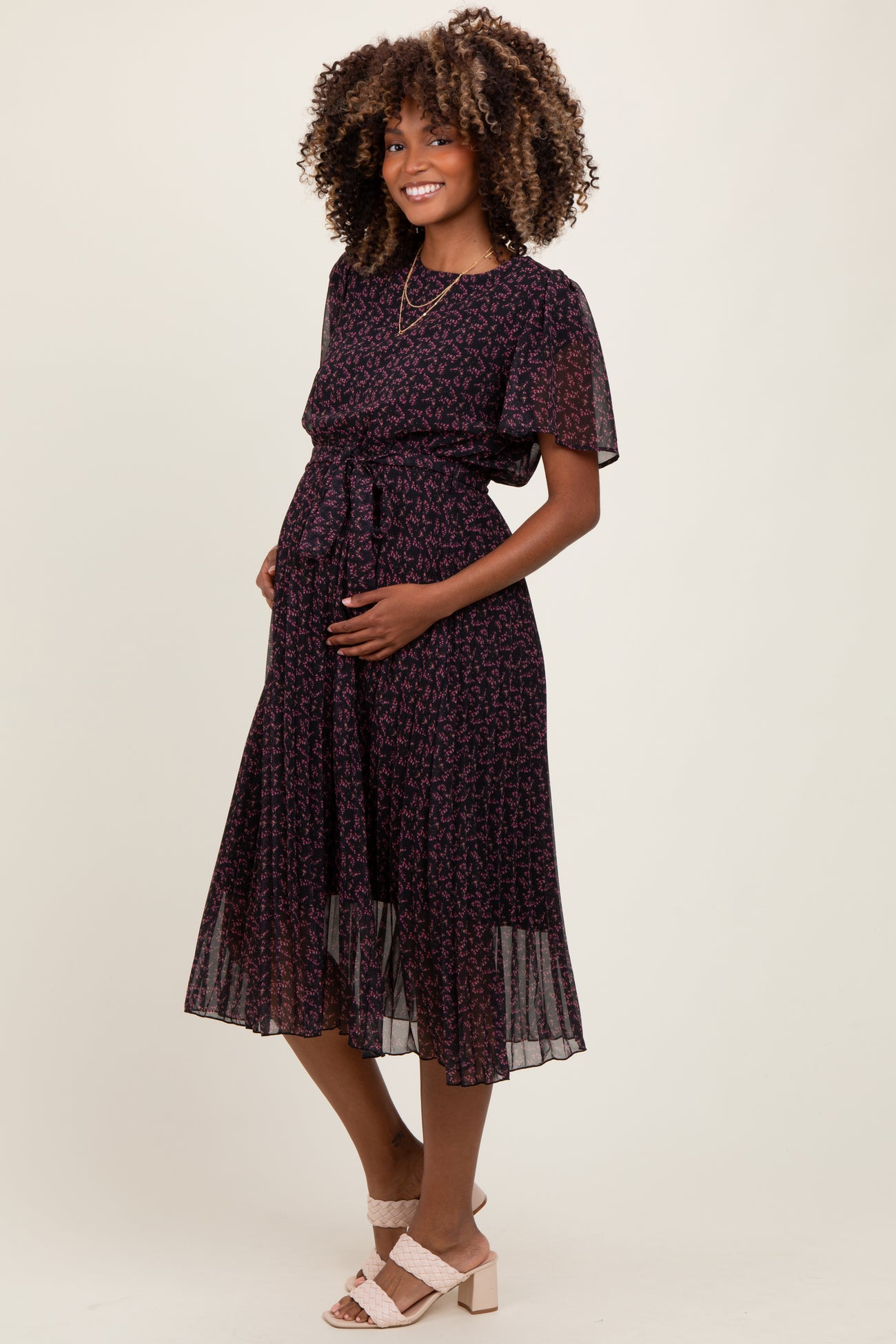 Black Micro Floral Pleated Maternity Midi Dress