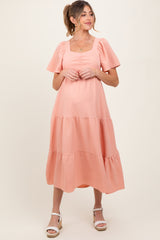 Peach Sweetheart Neck Short Puff Sleeve Tiered Maternity Midi Dress