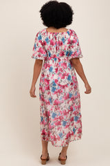 Pink Floral Tiered Puff Sleeve Midi Dress