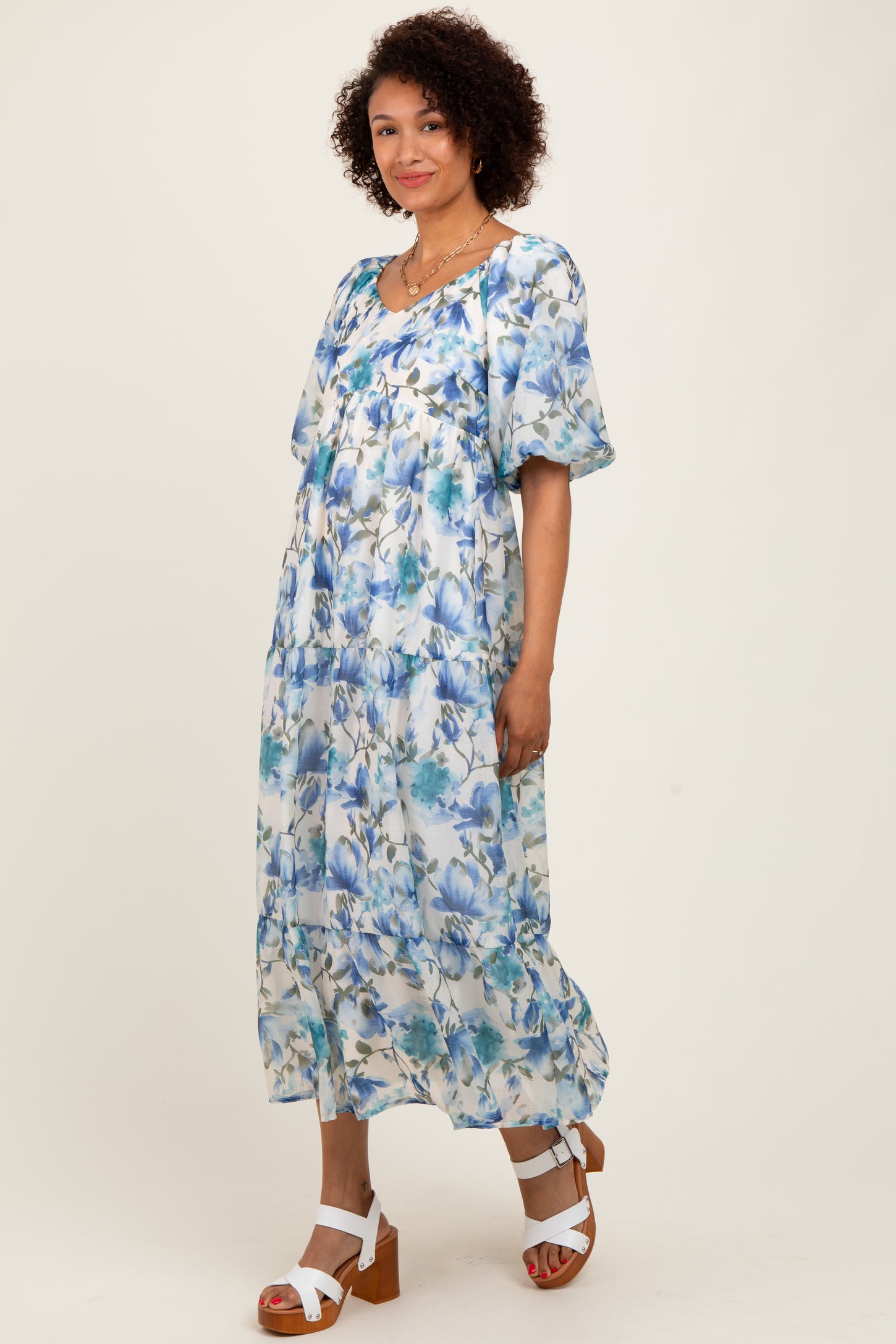 Blue Floral Tiered Puff Sleeve Midi Dress