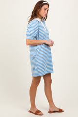 Light Blue Striped Collared Puff Sleeve Dress