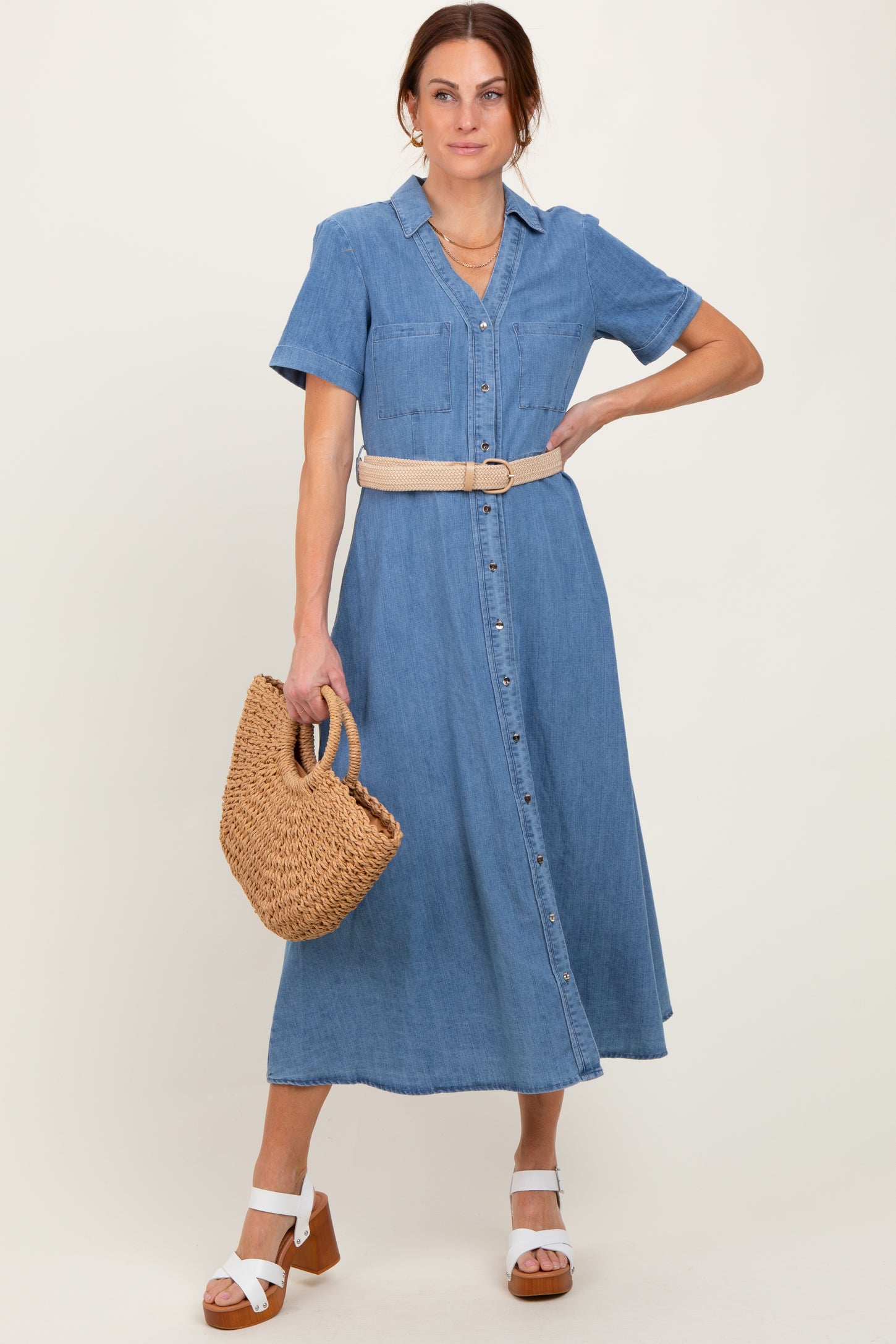 Blue Chambray Button Down Maternity Midi Shirt Dress