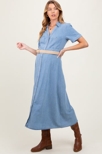 Light Blue Chambray Button Down Maternity Midi Shirt Dress
