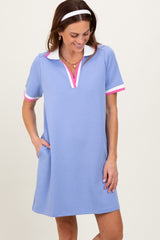 Blue Contrast Trim Maternity Mini Polo Dress
