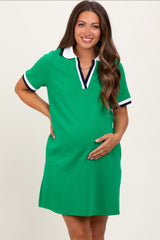 Green Contrast Trim Maternity Mini Polo Dress