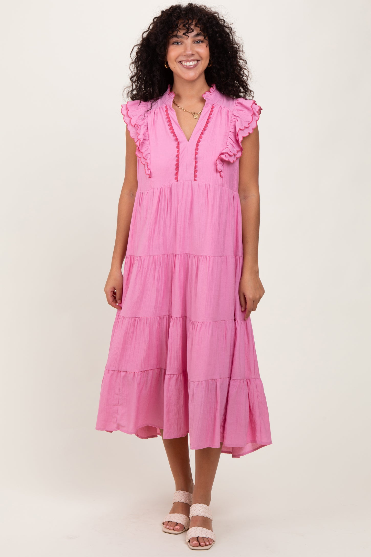 Pink Scallop Detail Tiered Maternity Midi Dress