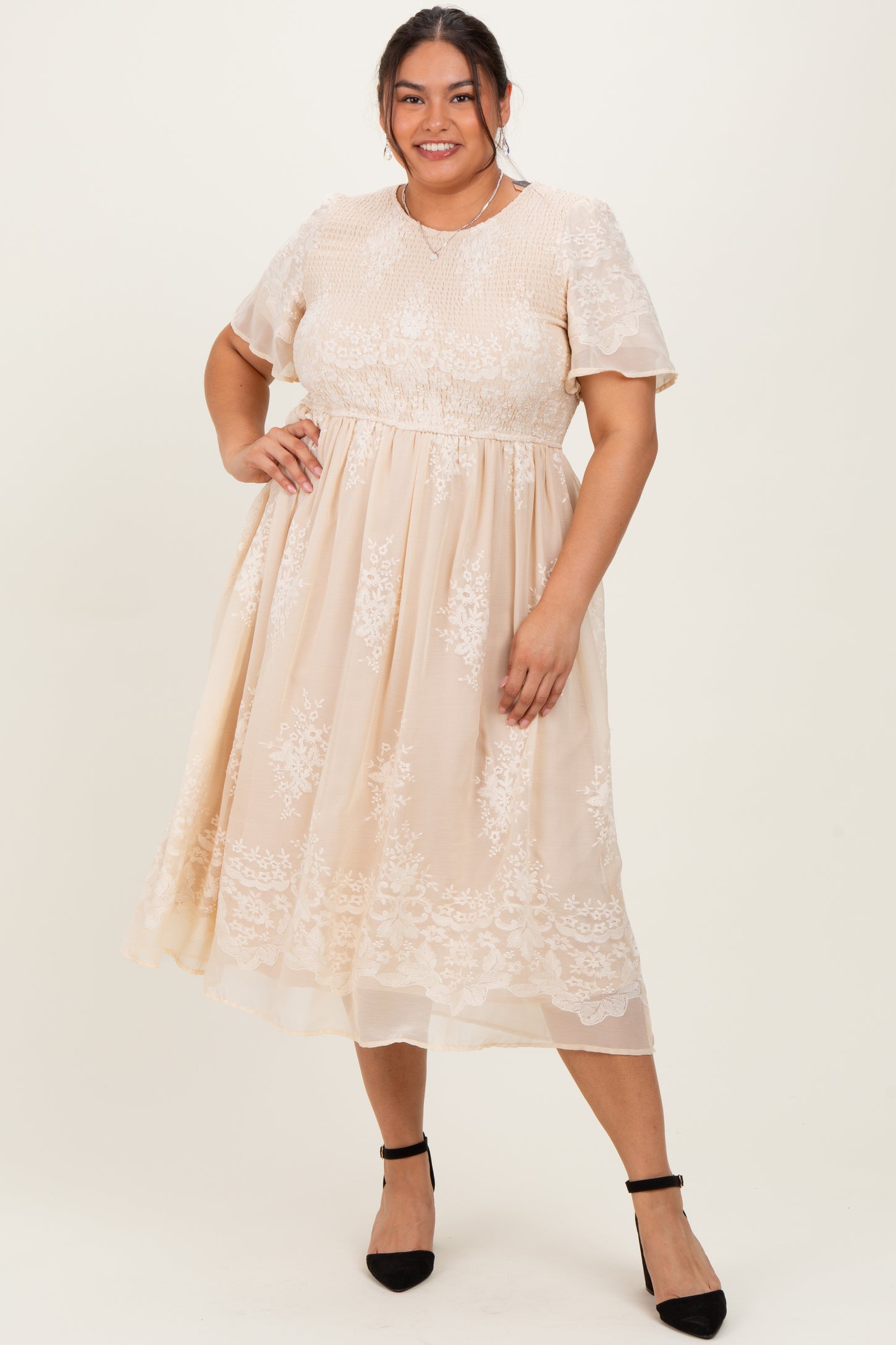 Cream Embroidered Smocked Plus Midi Dress