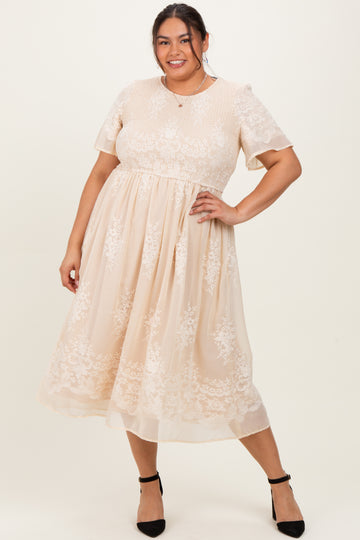 Cream Embroidered Smocked Plus Midi Dress
