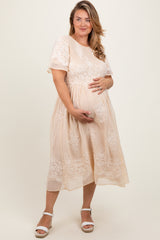 Cream Embroidered Smocked Maternity Plus Midi Dress