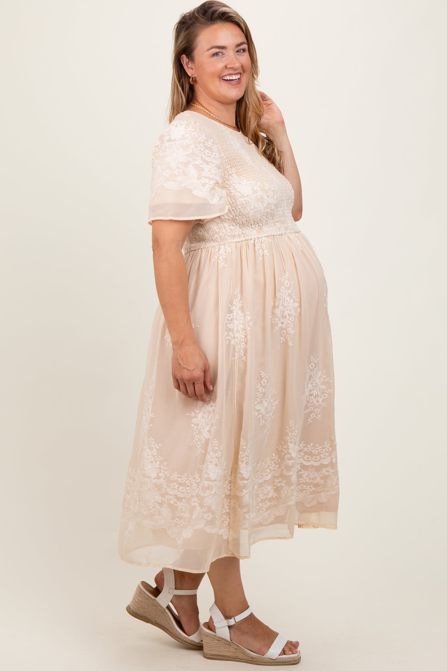 Cream Embroidered Smocked Maternity Plus Midi Dress