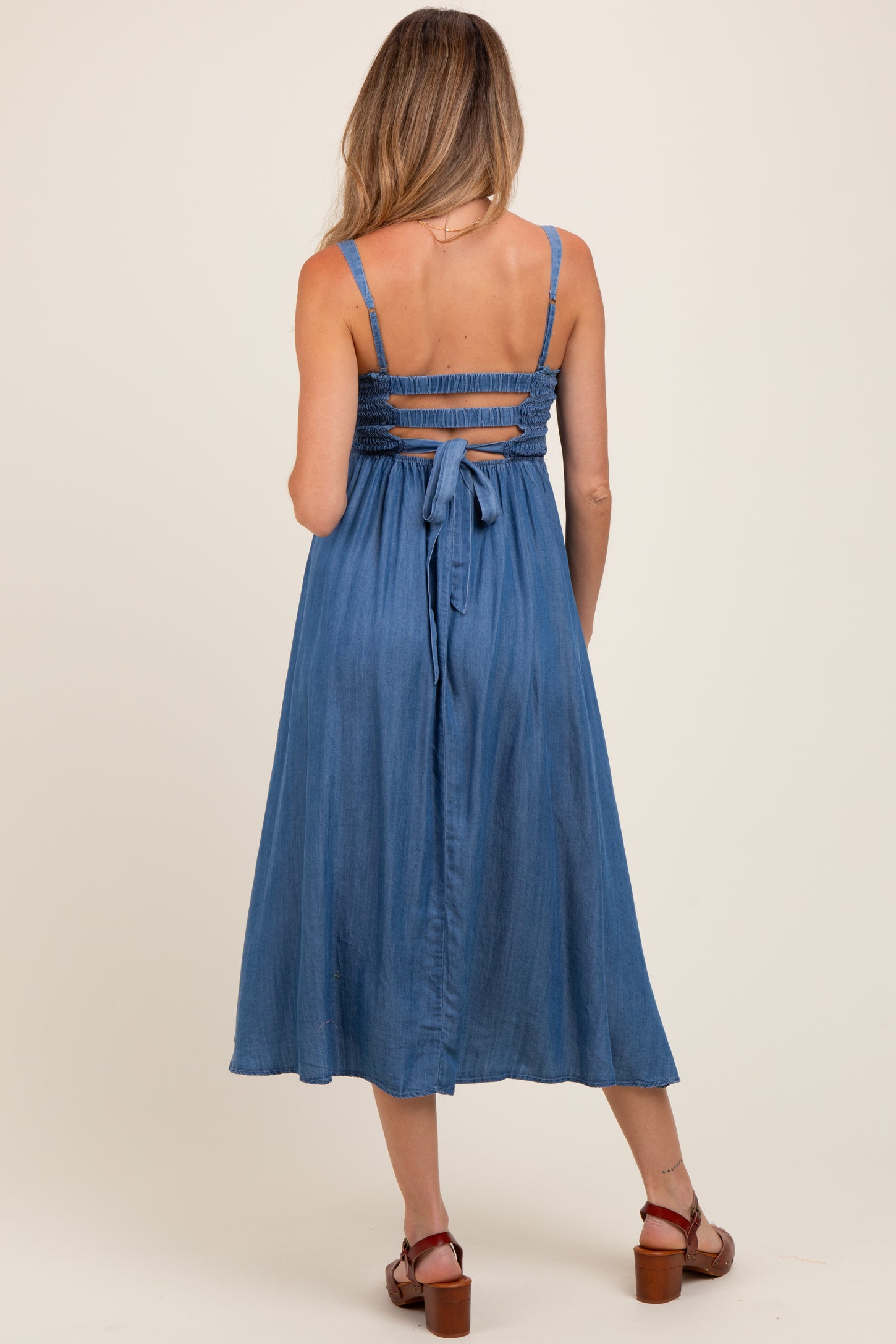 Blue Smocked Chambray Tie Back Cutout Maternity Midi Dress