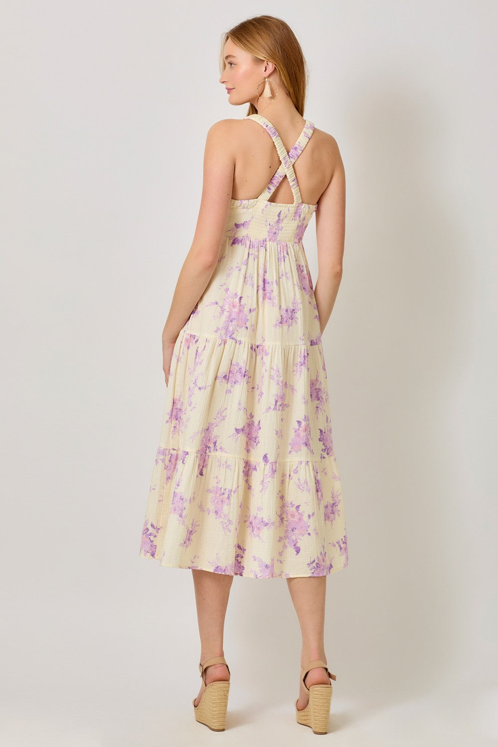 Cream Floral Tiered Crisscross Back Midi Dress