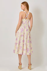 Cream Floral Tiered Crisscross Back Midi Dress