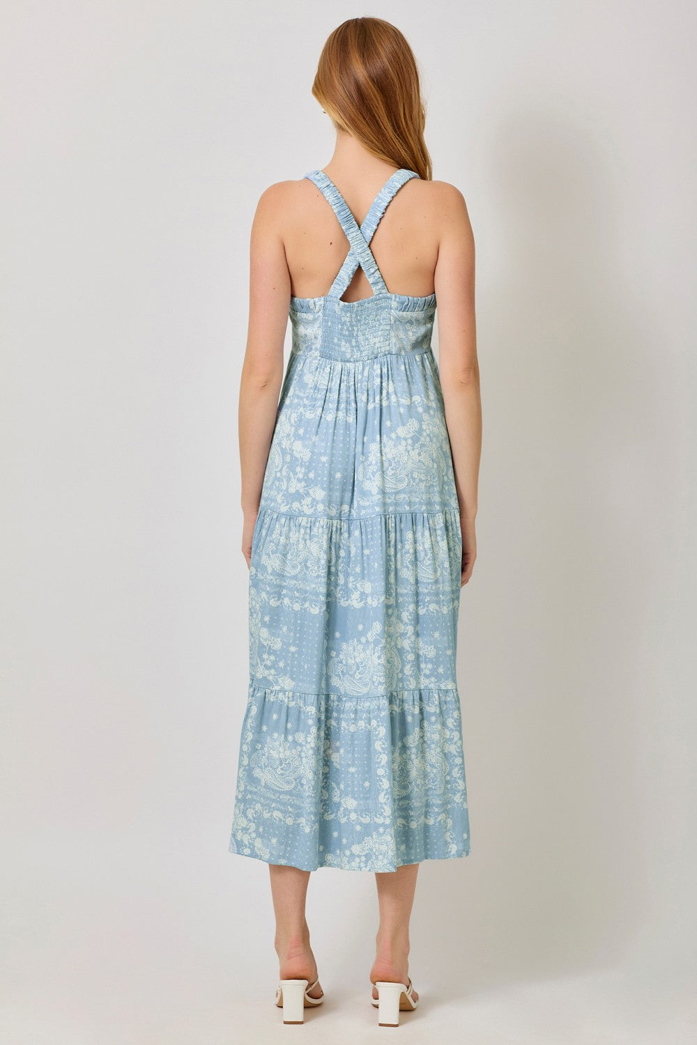 Light Blue Floral Tiered Crisscross Back Midi Dress