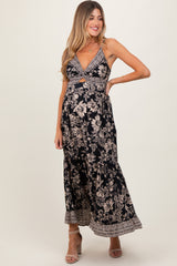 Black Floral Twist Front Cut Out Maternity Maxi Dress