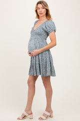 Light Olive Floral Smocked V-Neck Flutter Sleeve Maternity Dress