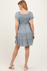 Light Olive Floral Smocked V-Neck Flutter Sleeve Maternity Dress